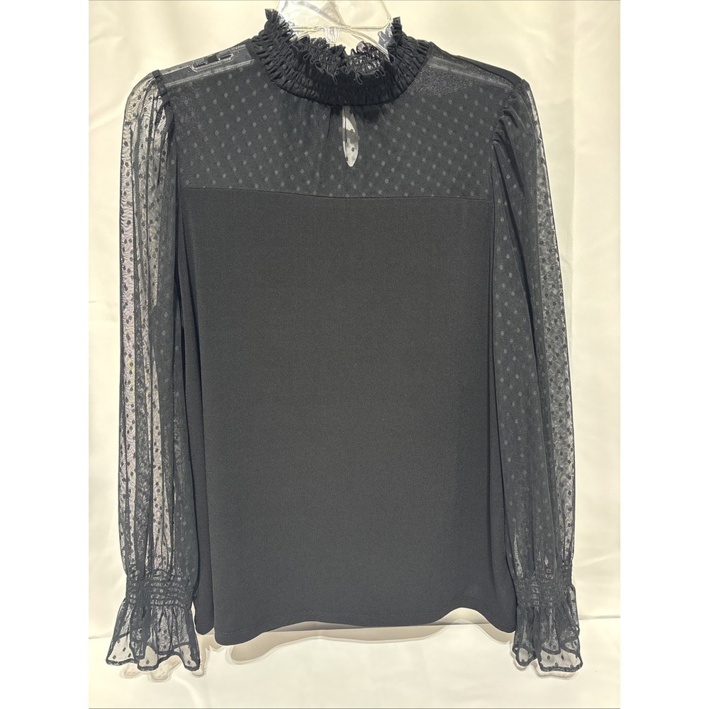 Adrianna Papell Black Dotted‎ Mesh Ruffled Collar Long Sleeve Blouse M/L